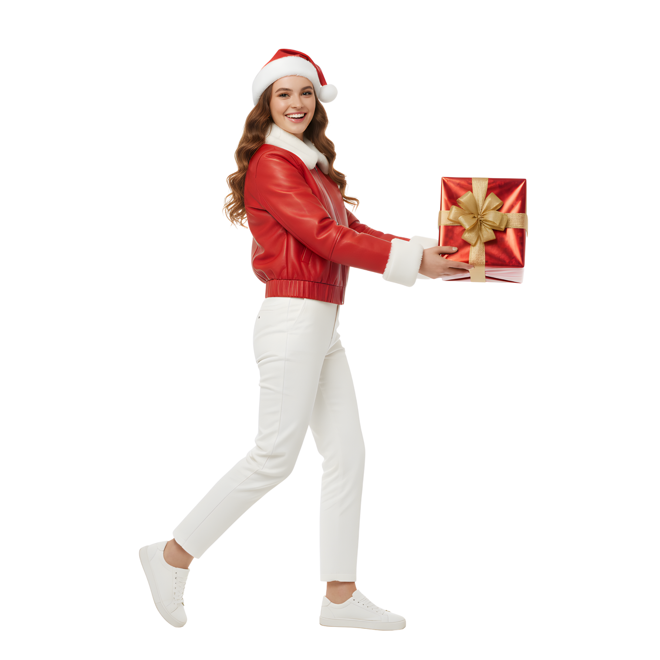 Women’s Red Leather Christmas Jacket with White Fur Trim & Santa Hat