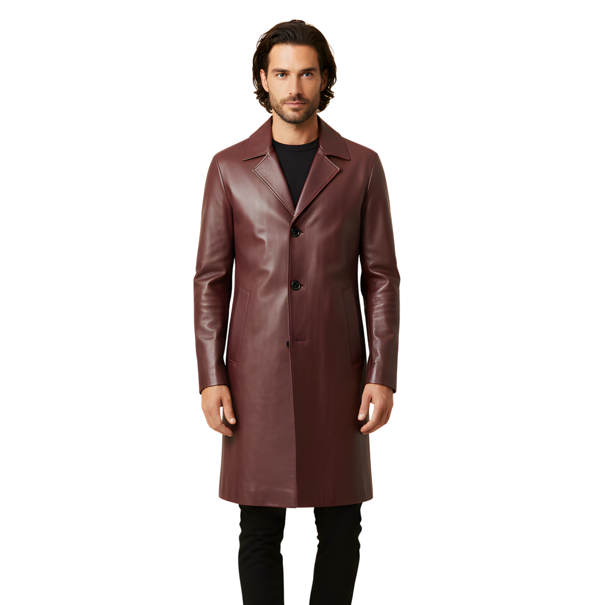 Men’s Burgundy Leather Trench Coat