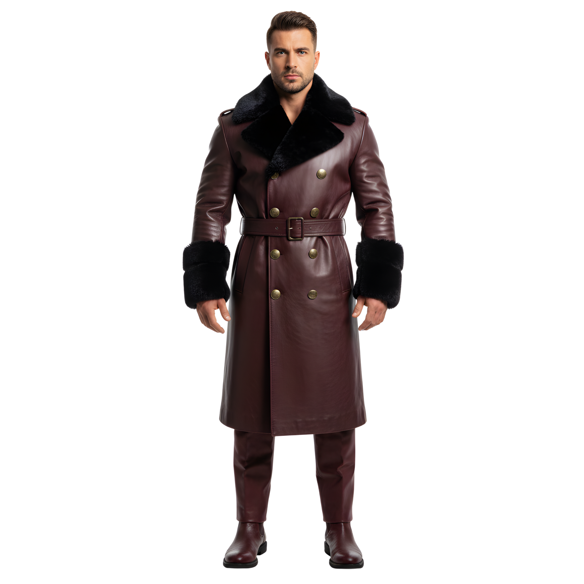Men’s Burgundy Leather Trench Coat