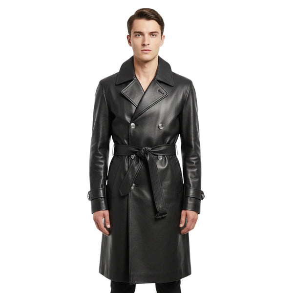 Men’s Long Black Leather Trench Coat