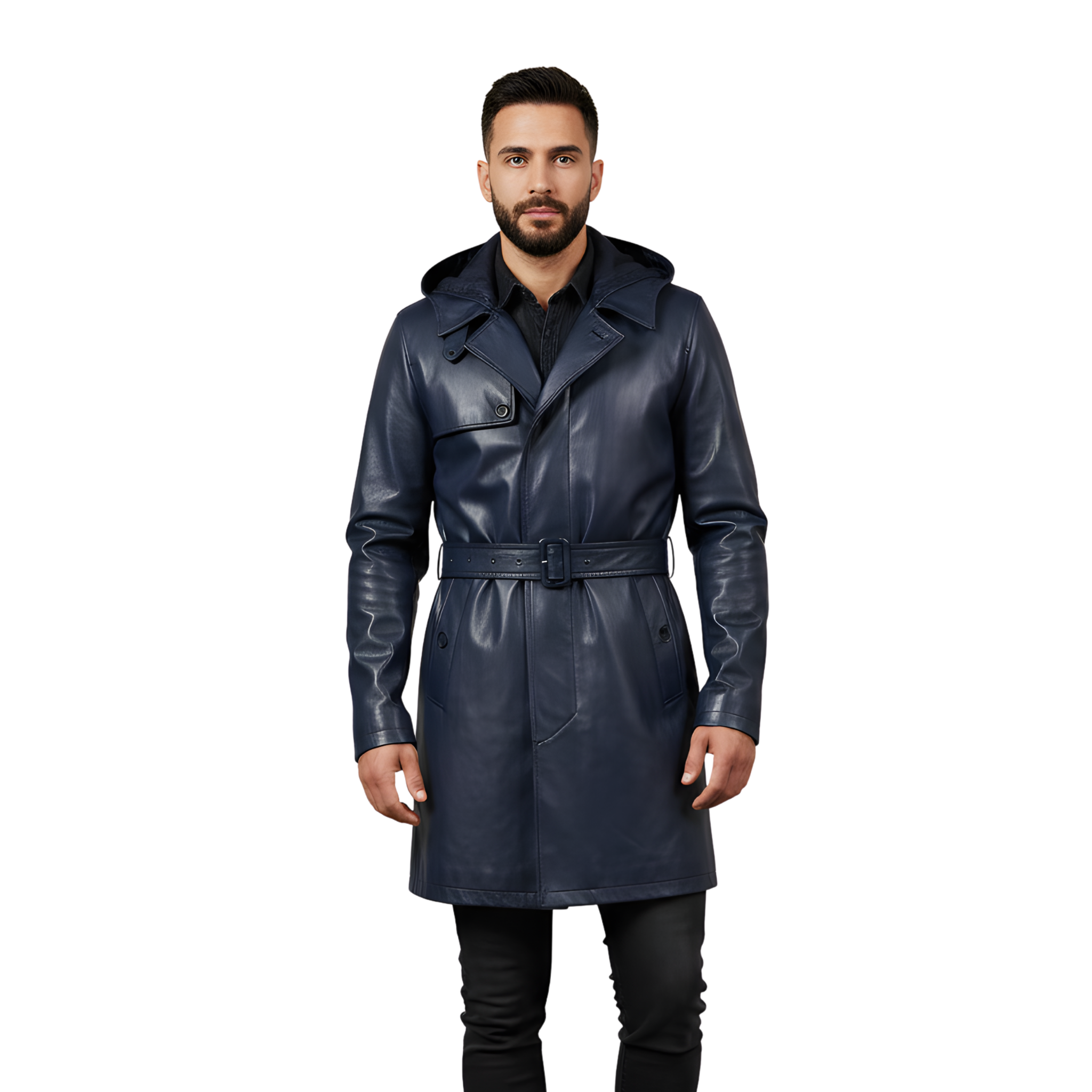 Men’s Navy Blue Hooded Leather Trench Coat