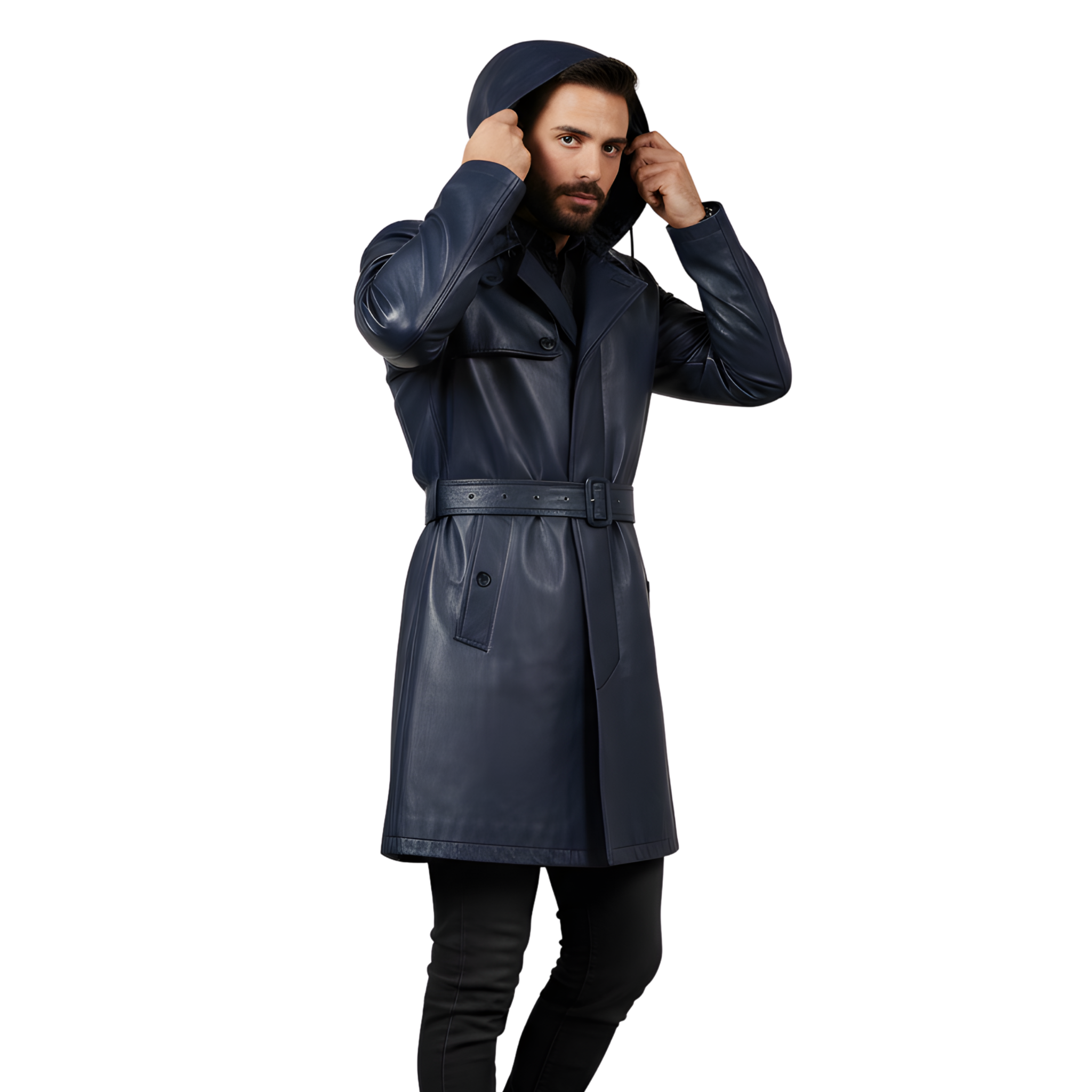 Men’s Navy Blue Hooded Leather Trench Coat