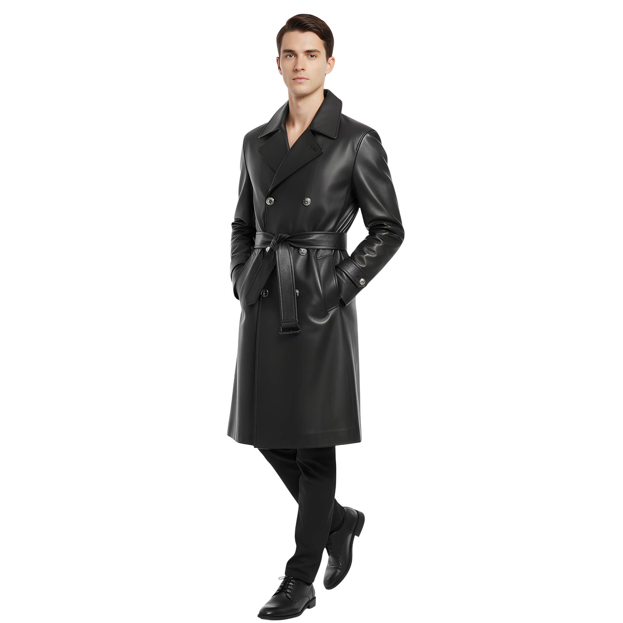 Men’s Long Black Leather Trench Coat