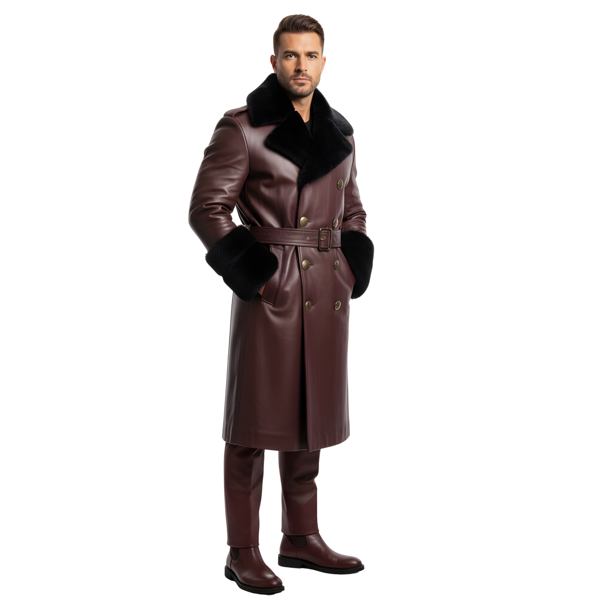 Men’s Burgundy Leather Trench Coat