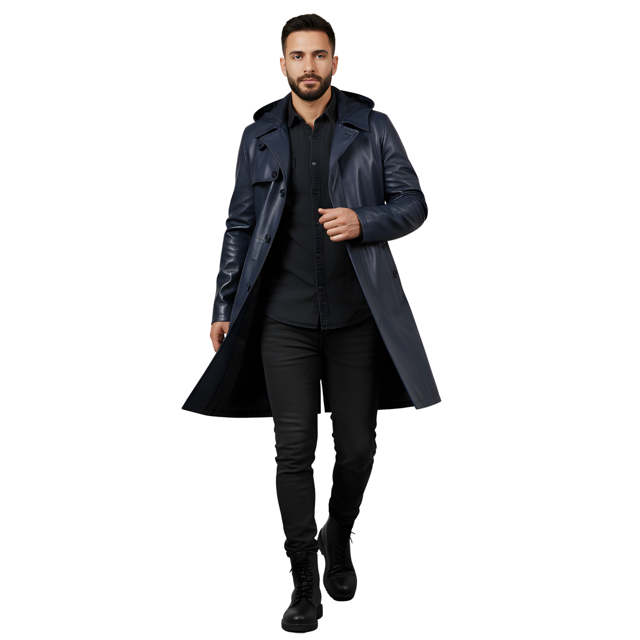 Men’s Navy Blue Hooded Leather Trench Coat