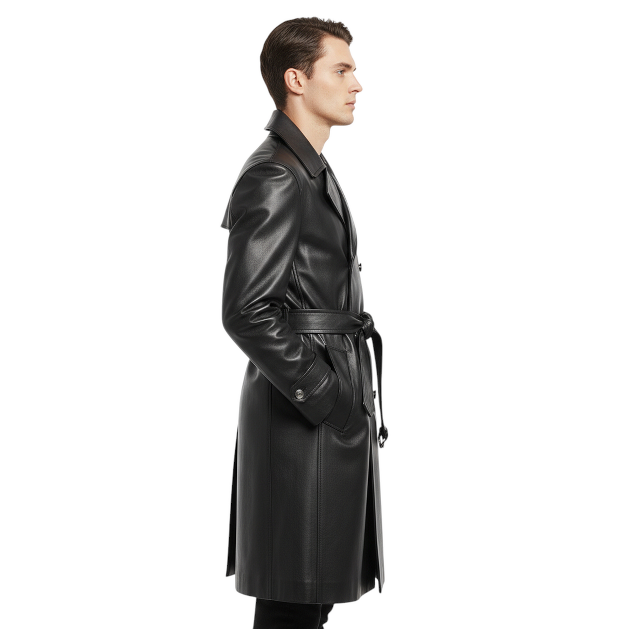 Men’s Long Black Leather Trench Coat