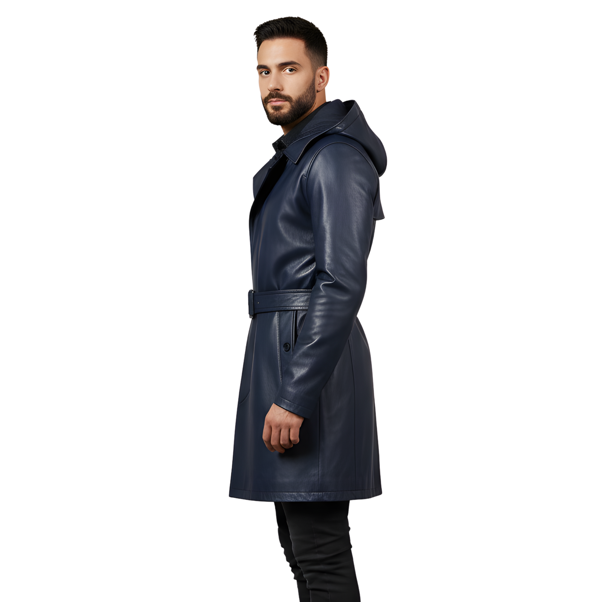 Men’s Navy Blue Hooded Leather Trench Coat