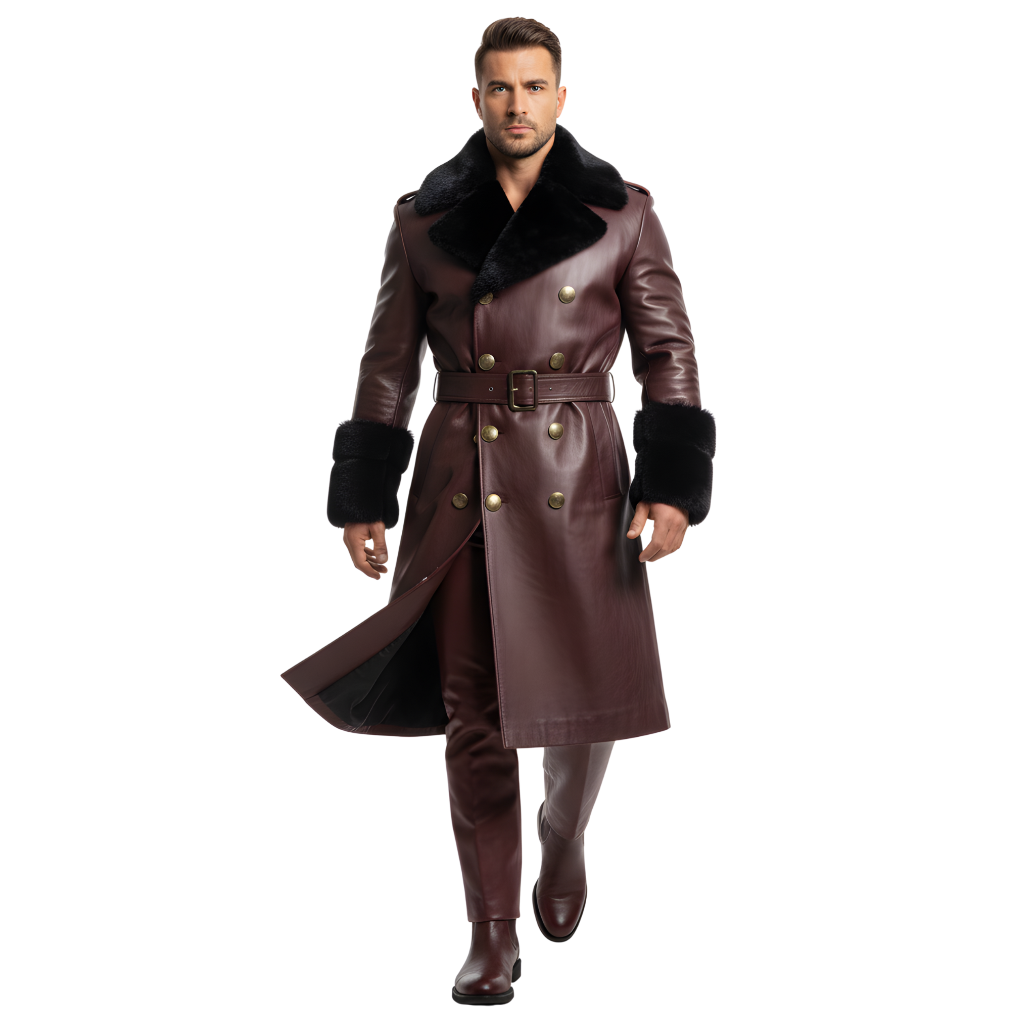 Men’s Burgundy Leather Trench Coat