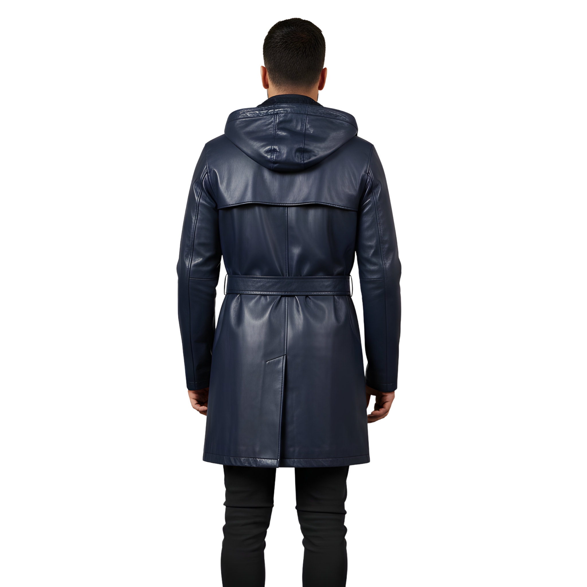 Men’s Navy Blue Hooded Leather Trench Coat