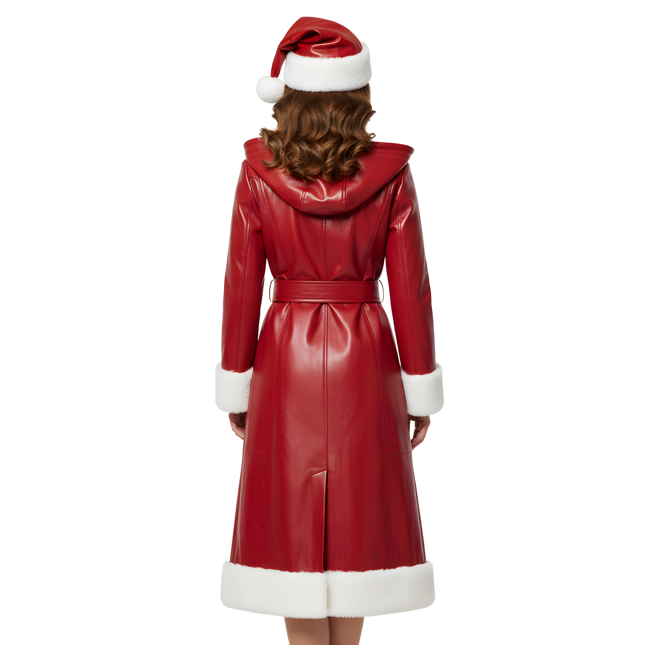 Women’s Red Leather Christmas Trench Coat with White Fur Trim & Santa Hat