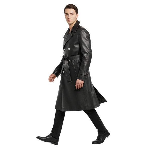 Men’s Long Black Leather Trench Coat
