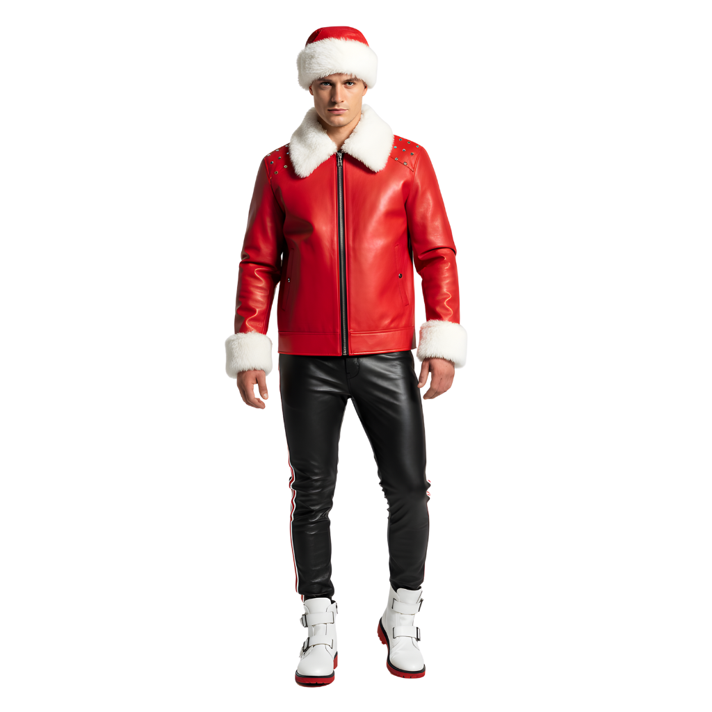 Men’s Red Leather Christmas Jacket with White Fur Trim & Santa Hat