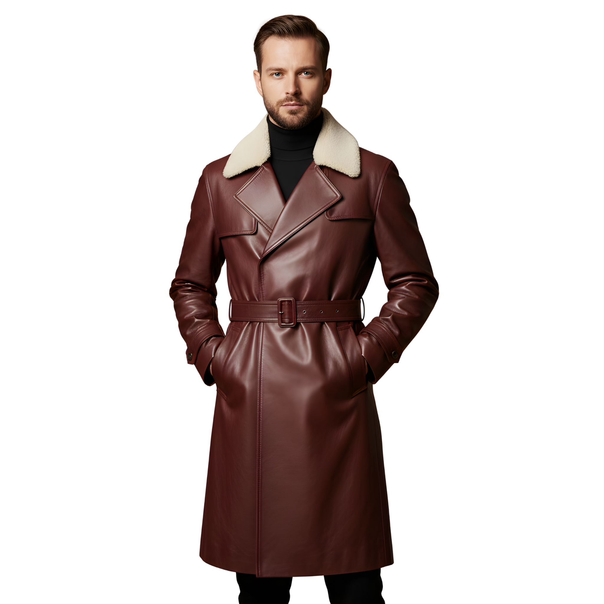 Men’s Brown Shearling Collar Leather Trench Coat