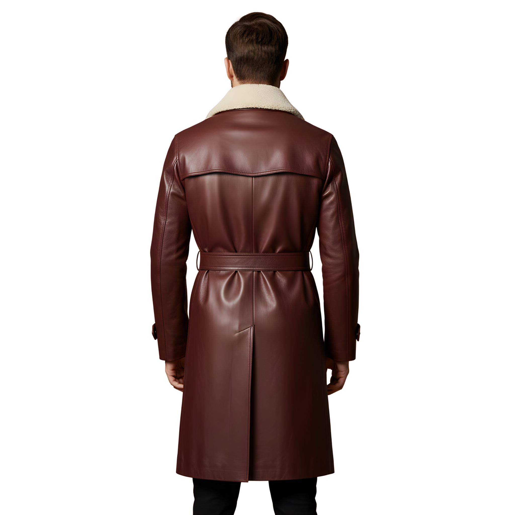 Men’s Brown Shearling Collar Leather Trench Coat