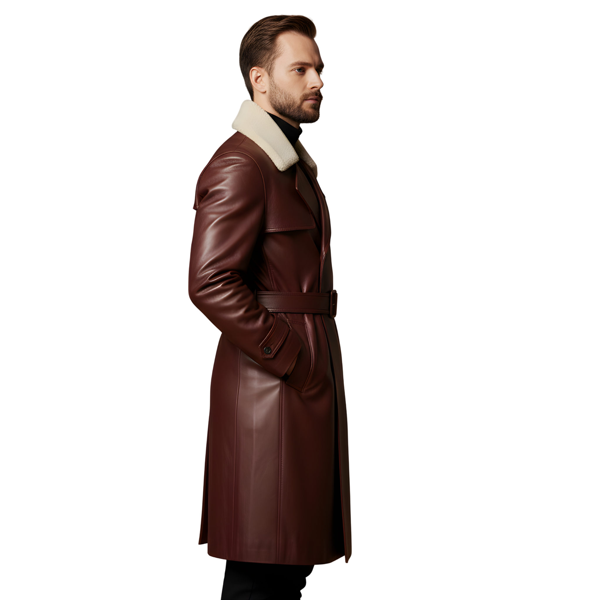 Men’s Brown Shearling Collar Leather Trench Coat