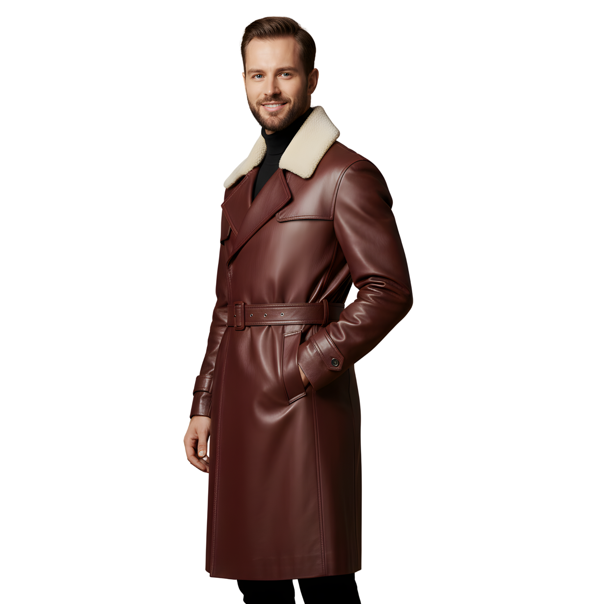 Men’s Brown Shearling Collar Leather Trench Coat