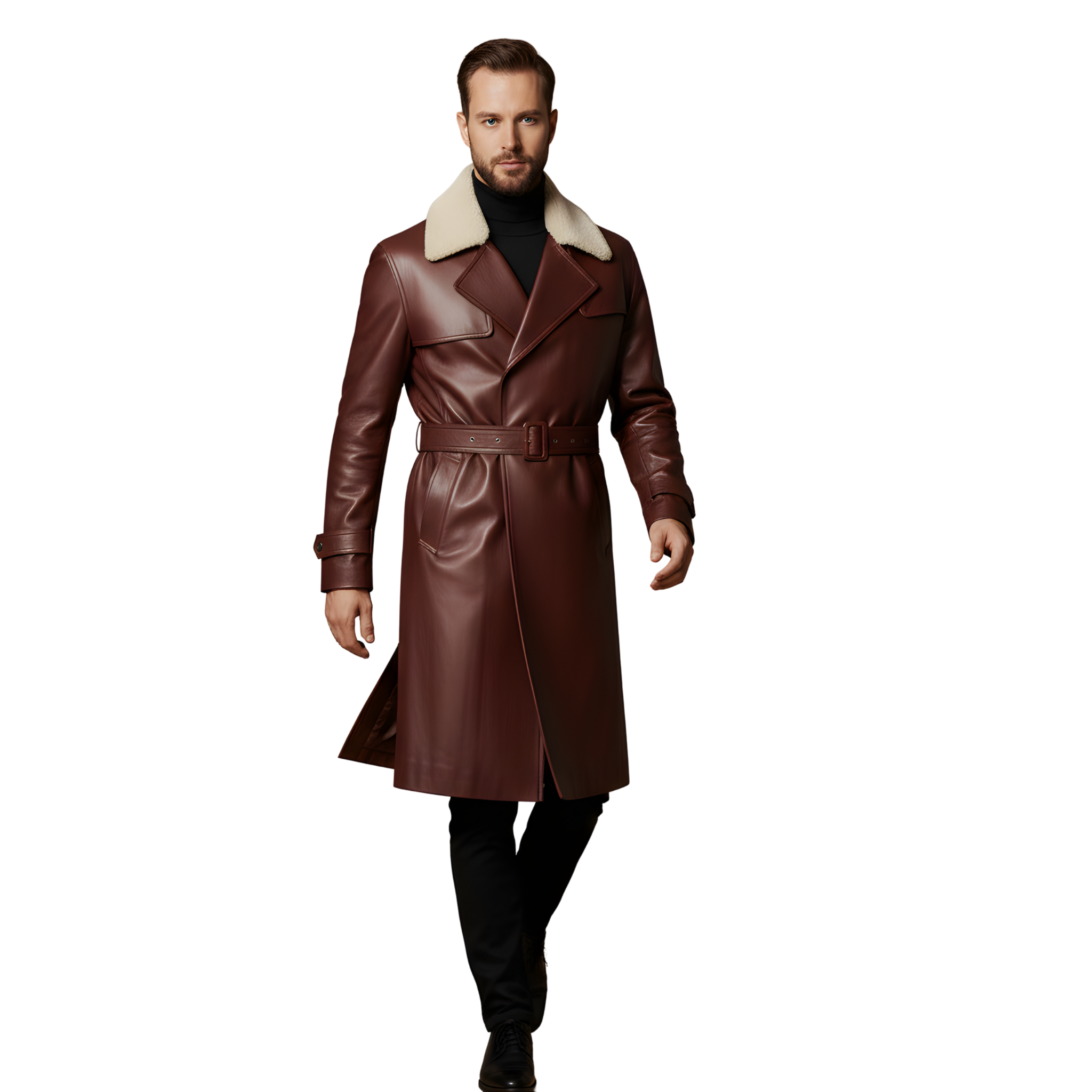 Men’s Brown Shearling Collar Leather Trench Coat