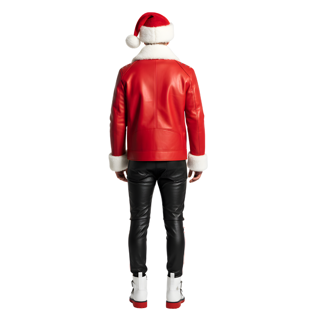 Men’s Red Leather Christmas Jacket with White Fur Trim & Santa Hat
