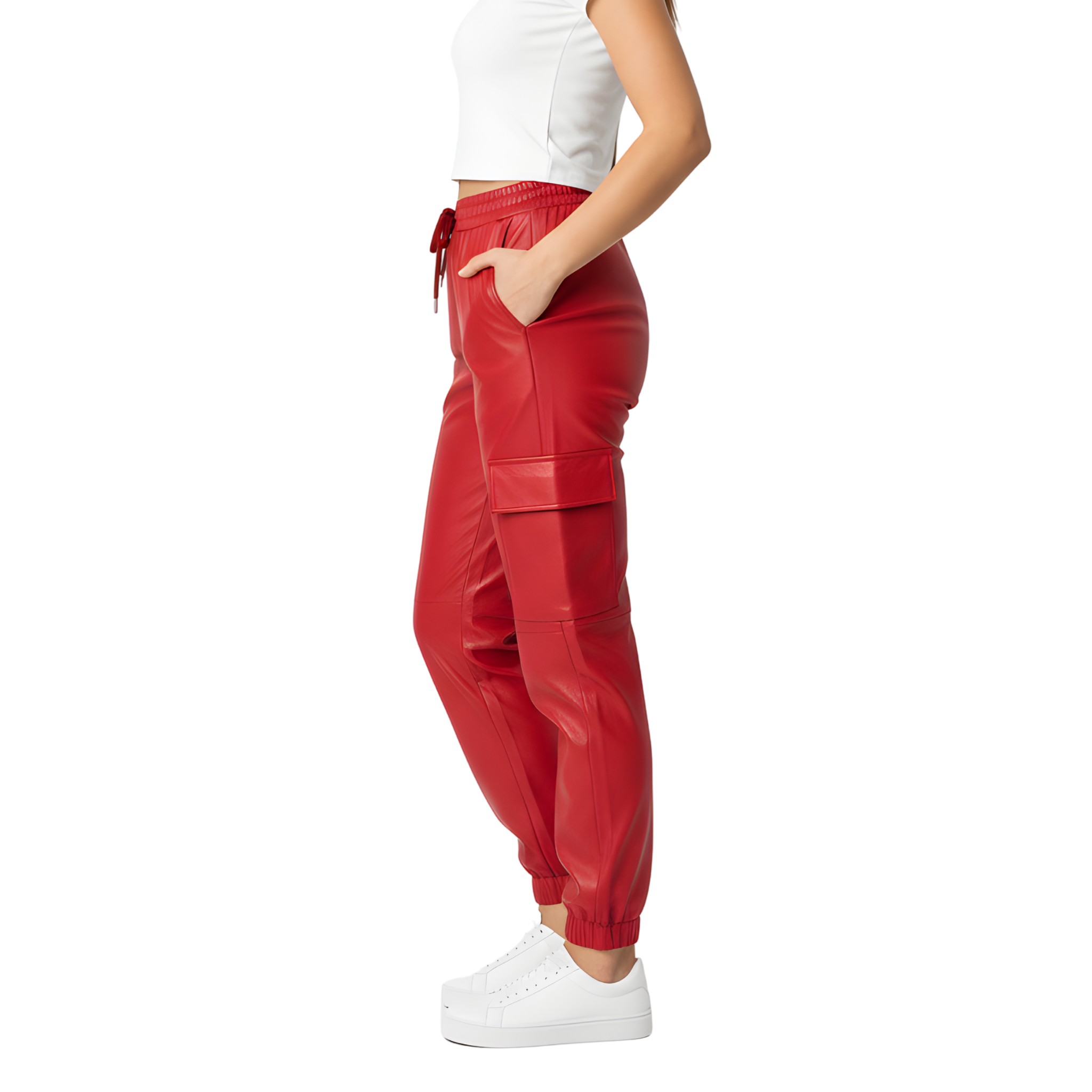 Women’s Red Leather Jogger Pants