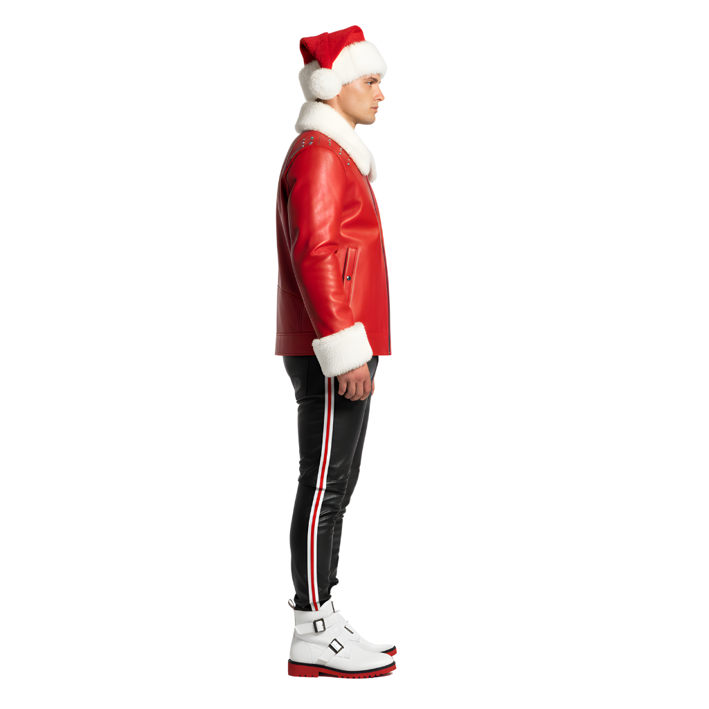 Men’s Red Leather Christmas Jacket with White Fur Trim & Santa Hat