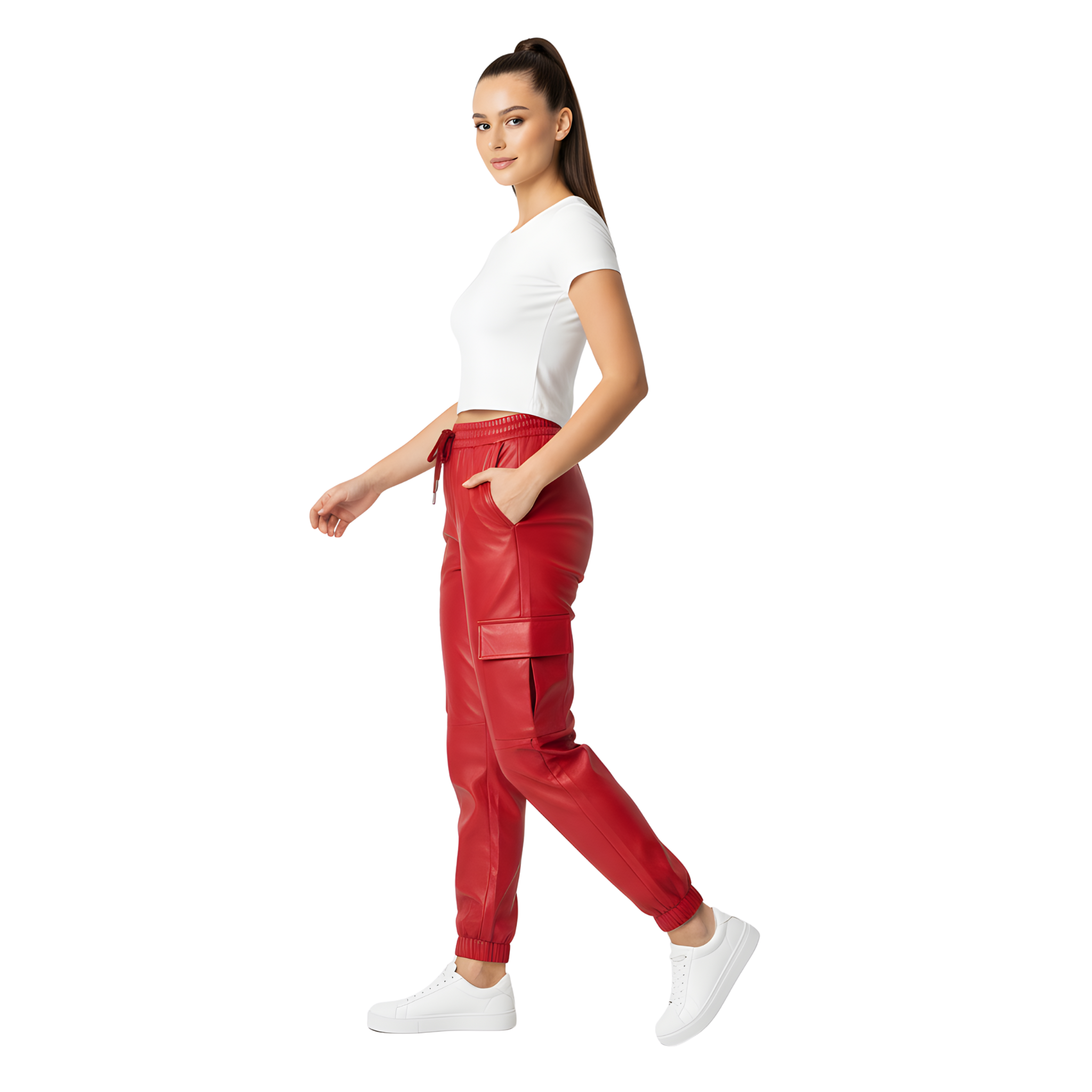 Women’s Red Leather Jogger Pants