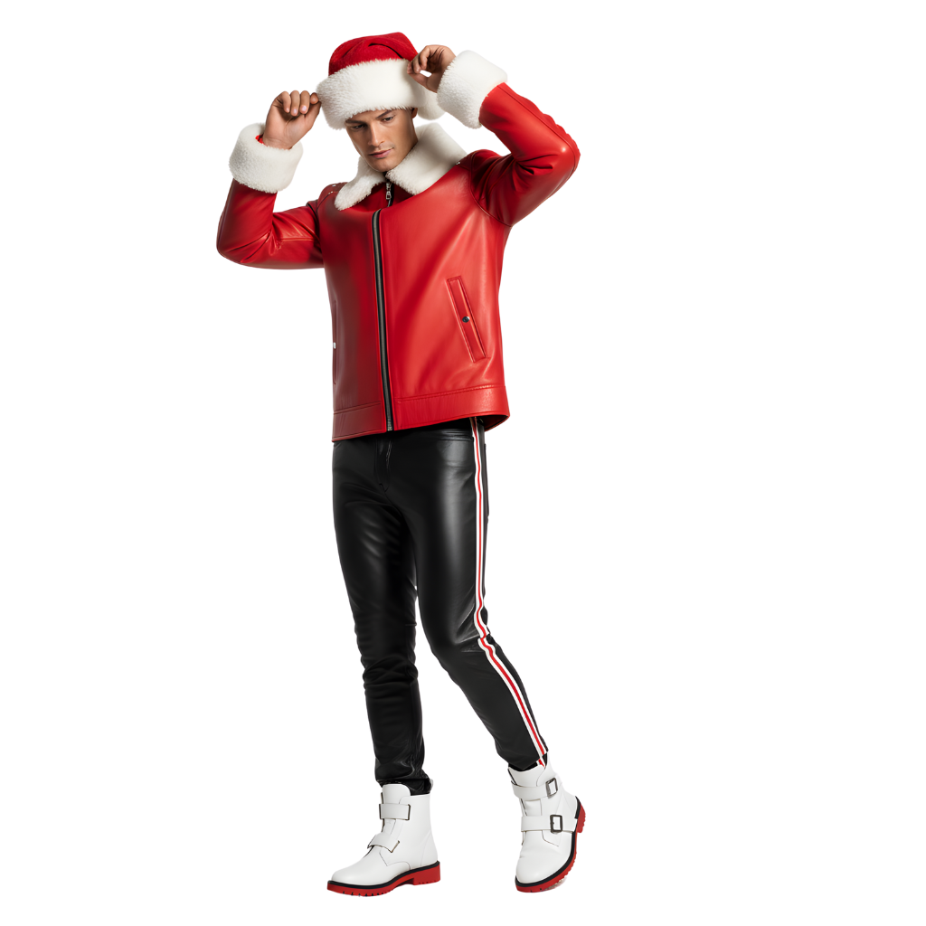 Men’s Red Leather Christmas Jacket with White Fur Trim & Santa Hat