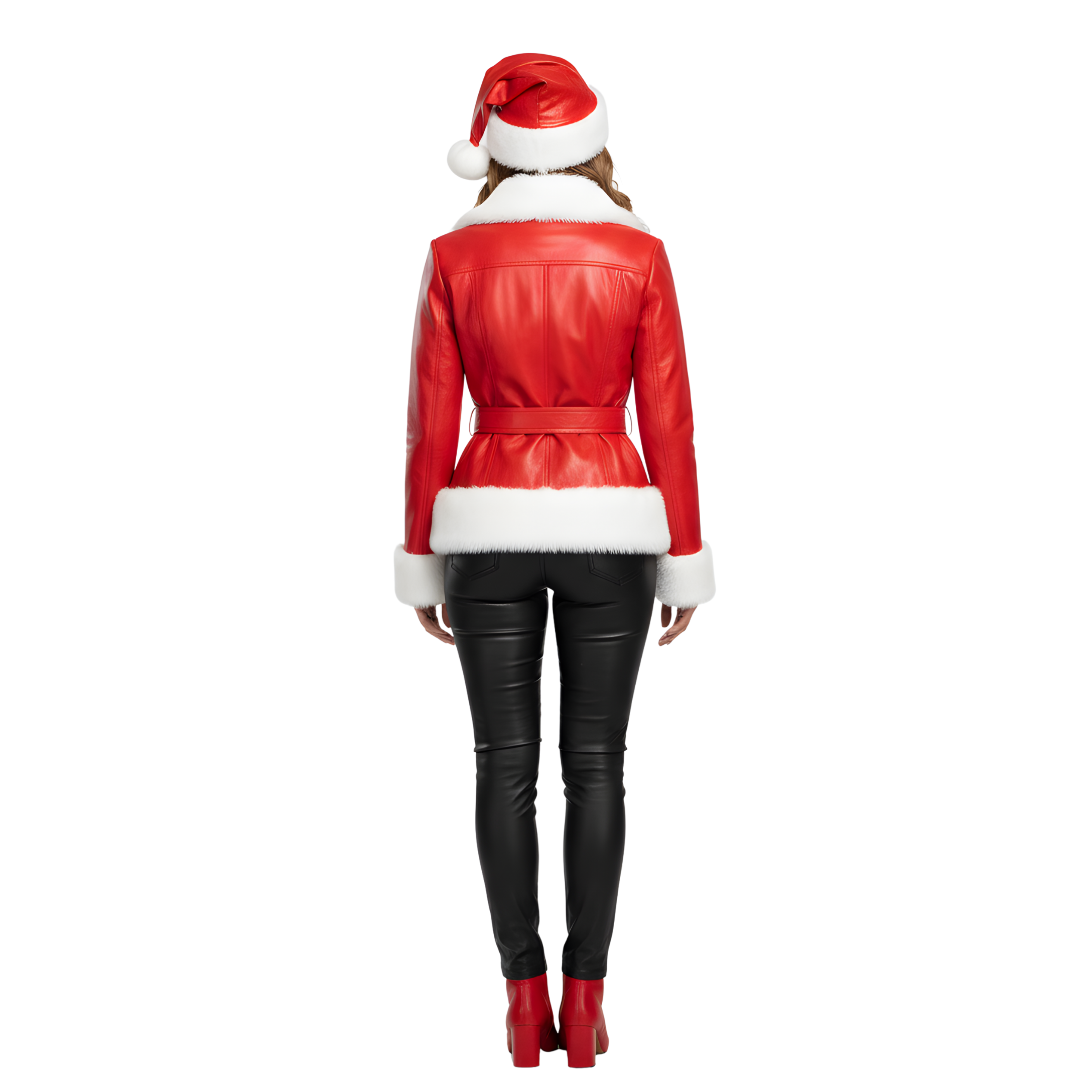 Red Leather Christmas Jacket with Fur Trim & Santa Hat