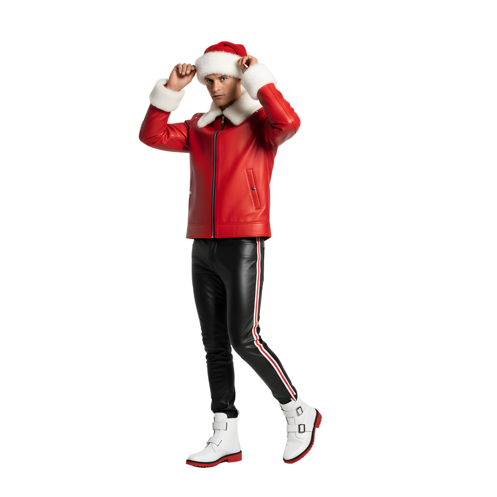 Men’s Red Leather Christmas Jacket with White Fur Trim & Santa Hat