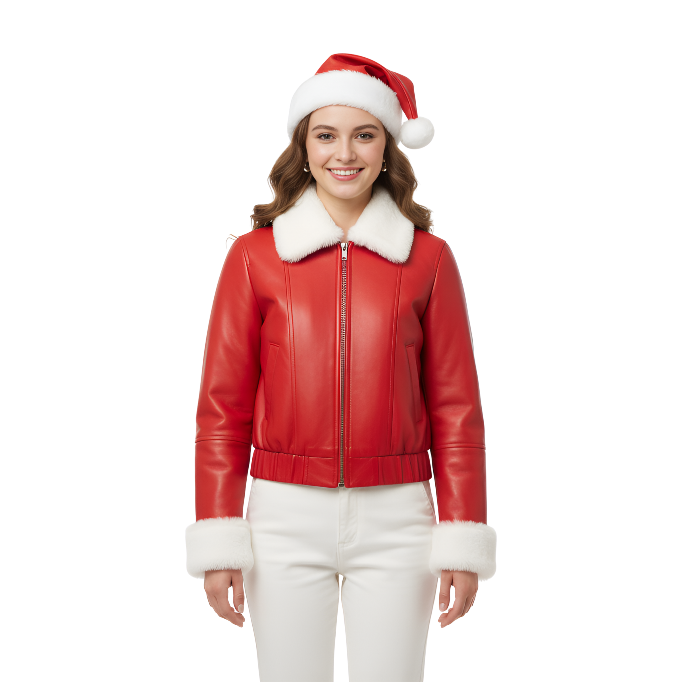 Women’s Red Leather Christmas Jacket with White Fur Trim & Santa Hat