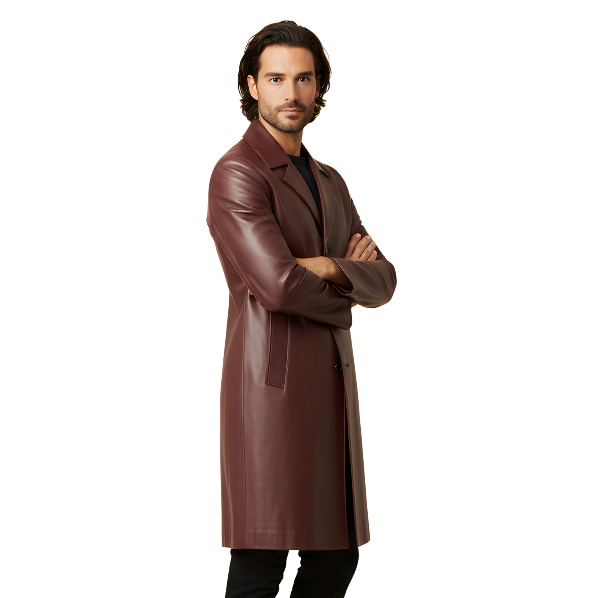Men’s Burgundy Leather Trench Coat
