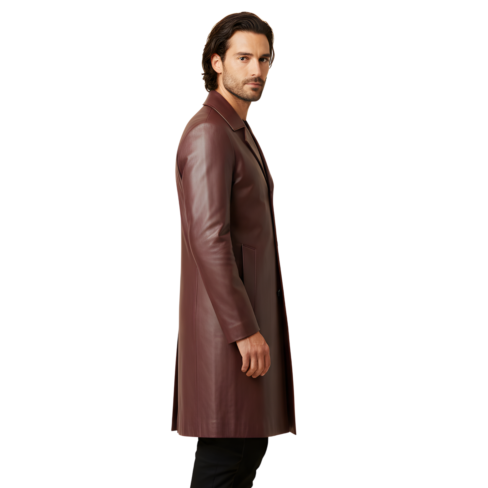 Men’s Burgundy Leather Trench Coat